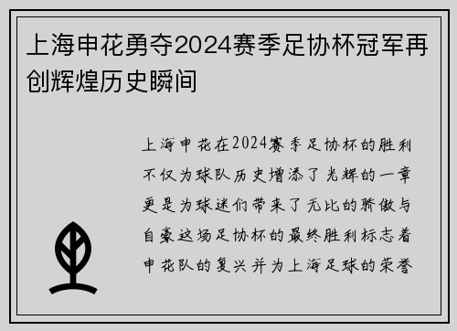 上海申花勇夺2024赛季足协杯冠军再创辉煌历史瞬间